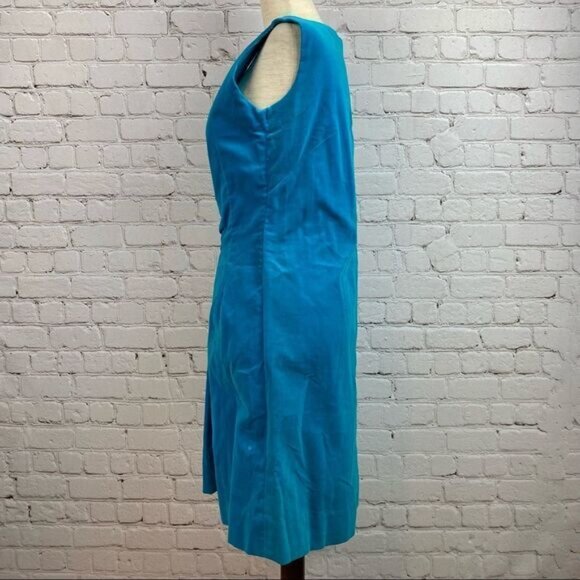 Vintage 60s Turquoise Velvet Button Front Sleeveless Dress - Picture 4 of 8